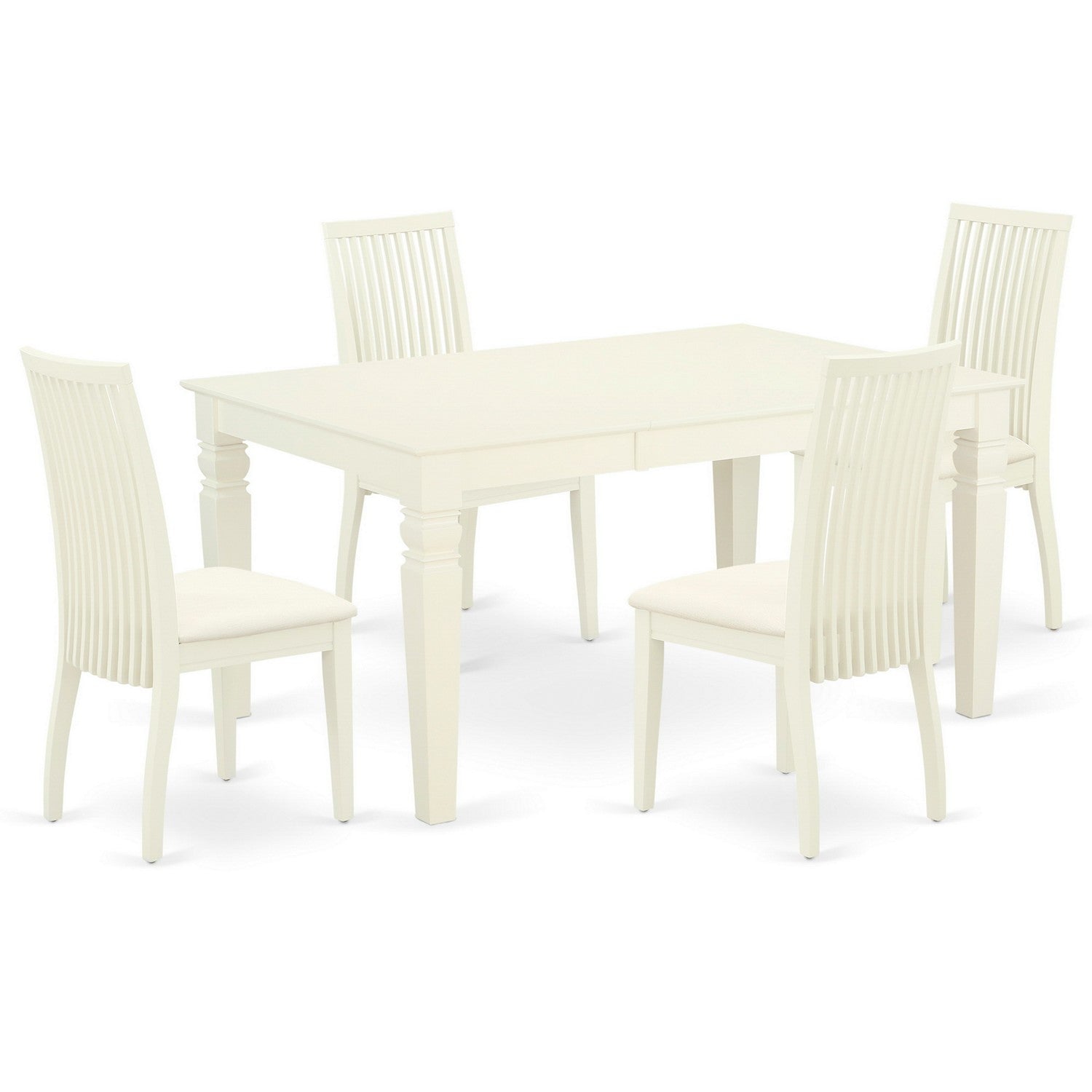 El juego de mesa de comedor de 5 piezas East West Furniture WEIP5-WHI-C incluye una mesa de cocina rectangular con hojas de mariposa y 4 sillas de comedor tapizadas en tela de lino.