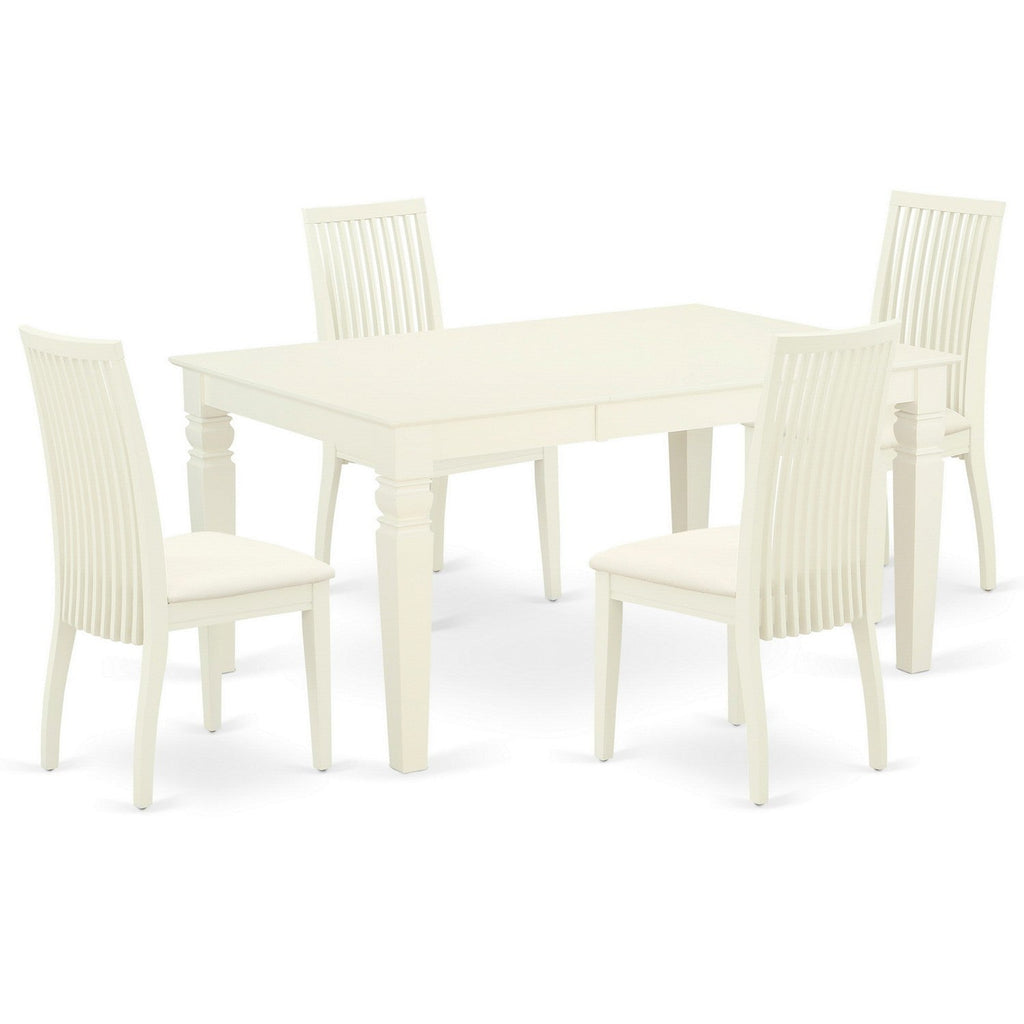 El juego de mesa de comedor de 5 piezas East West Furniture WEIP5-WHI-C incluye una mesa de cocina rectangular con hojas de mariposa y 4 sillas de comedor tapizadas en tela de lino.