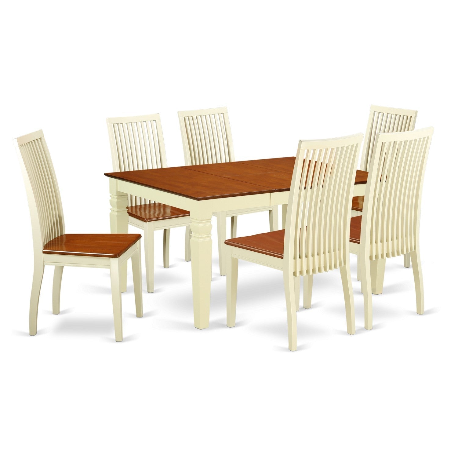 WEIP7-BMK-W 7 Pc Dining Set With One Weston Dinning Table And 6 Solid Wood Kitchen Area Chairs Finished In A Luxurious Buttermilk and Cherry.