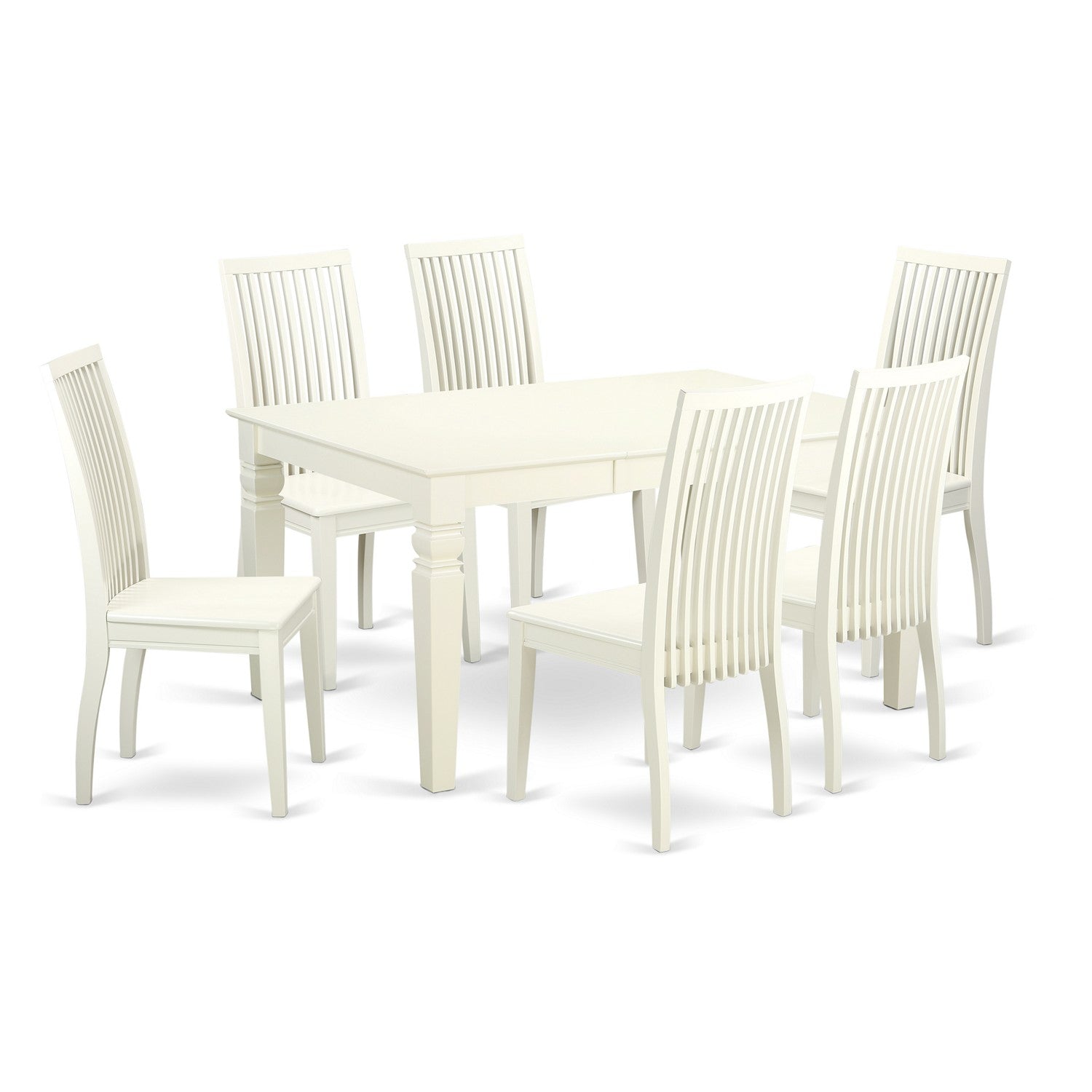 Juego de mesa de comedor de 7 piezas East West Furniture WEIP7-LWH-W compuesto por una mesa de comedor rectangular con hojas de mariposa y 6 sillas con asiento de madera.