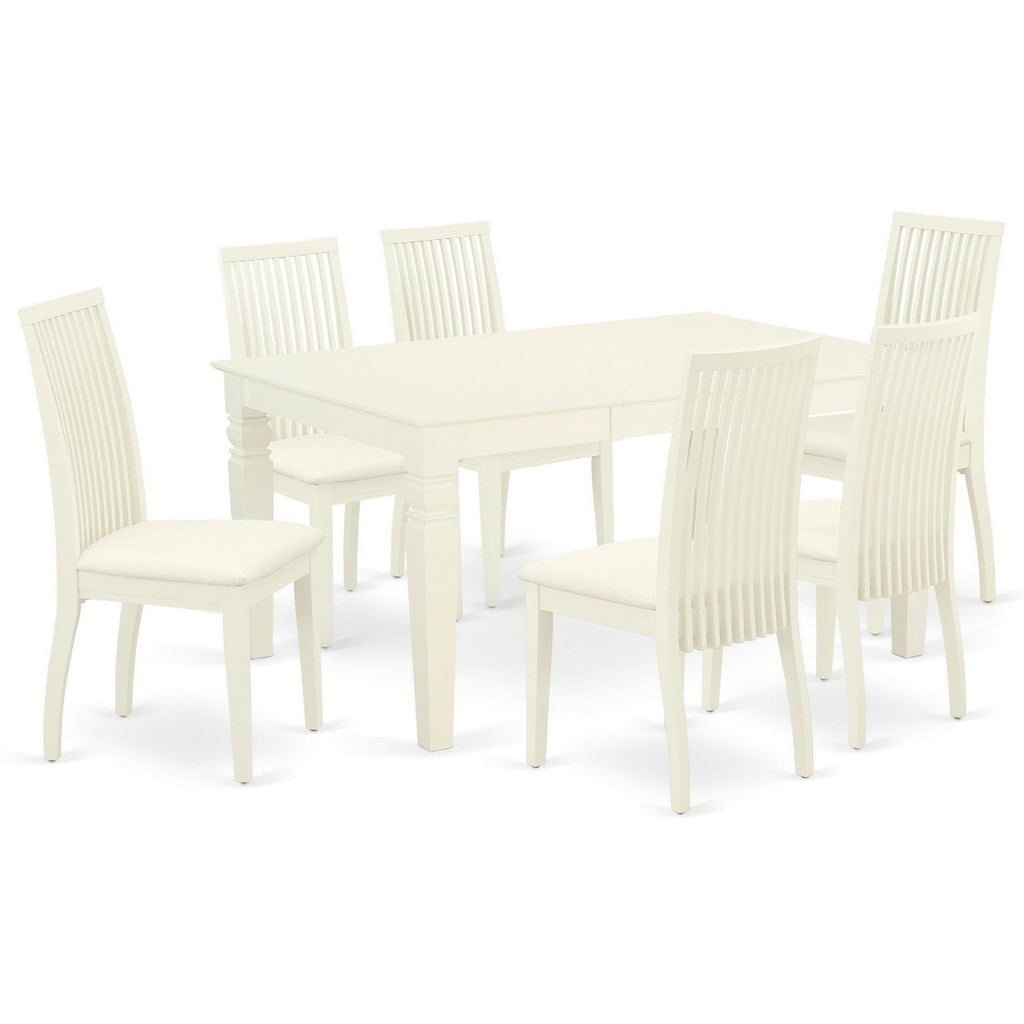 WEIP7-WHI-C Juego de comedor de 7 piezas: mesa rectangular de 42 x 60 cm y 6 sillas de comedor, color blanco lino