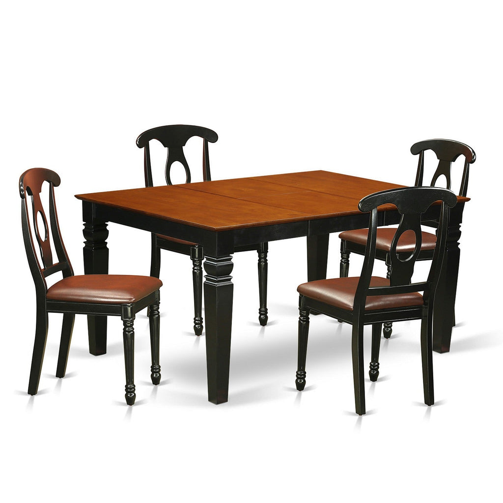 El juego de mesa y sillas de cocina de 5 piezas East West Furniture WEKE5-BCH-LC incluye una mesa de comedor rectangular con hojas de mariposa y 4 sillas tapizadas en piel sintética.