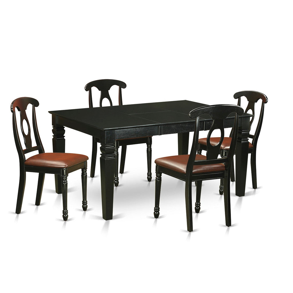 Juego de comedor de 5 piezas East West Furniture WEKE5-BLK-LC para 4 personas. Incluye una mesa de comedor rectangular con diseño de hojas de mariposa y 4 sillas de comedor de piel sintética.