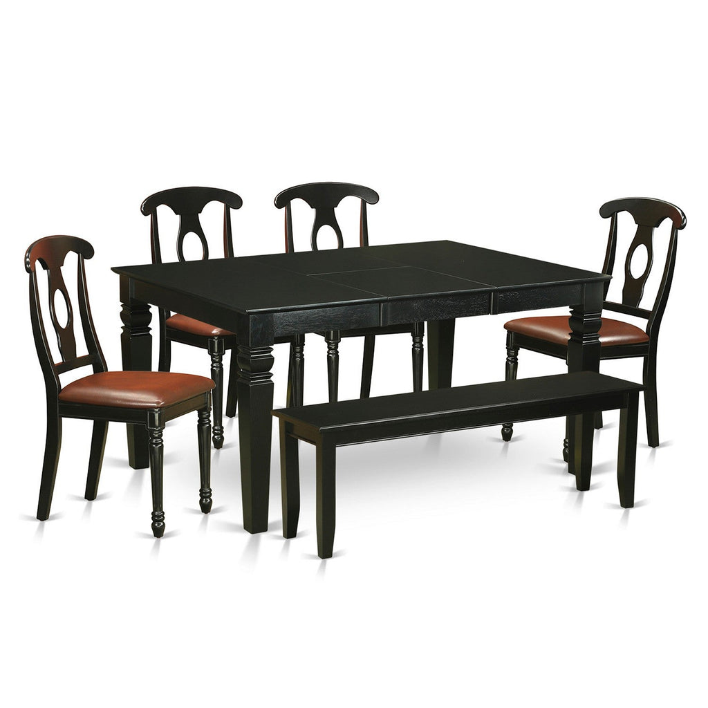 El juego de mesa de comedor de 6 piezas East West Furniture WEKE6D-BLK-LC incluye una mesa de comedor rectangular con hojas de mariposa y 4 sillas tapizadas en piel sintética con un banco.