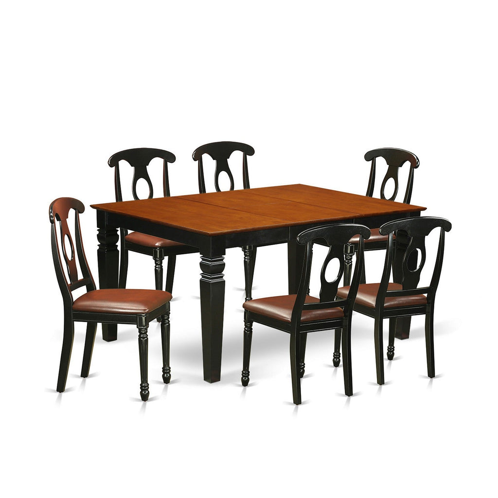 Juego de mesa de comedor de 7 piezas East West Furniture WEKE7-BCH-LC. Incluye una mesa de cocina rectangular con diseño de hojas de mariposa y 6 sillas tapizadas en piel sintética.