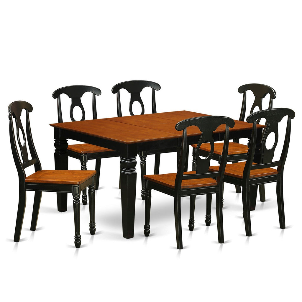 Juego de mesa de cocina de 7 piezas East West Furniture WEKE7-BCH-W compuesto por una mesa de comedor rectangular con hojas de mariposa y 6 sillas de comedor.