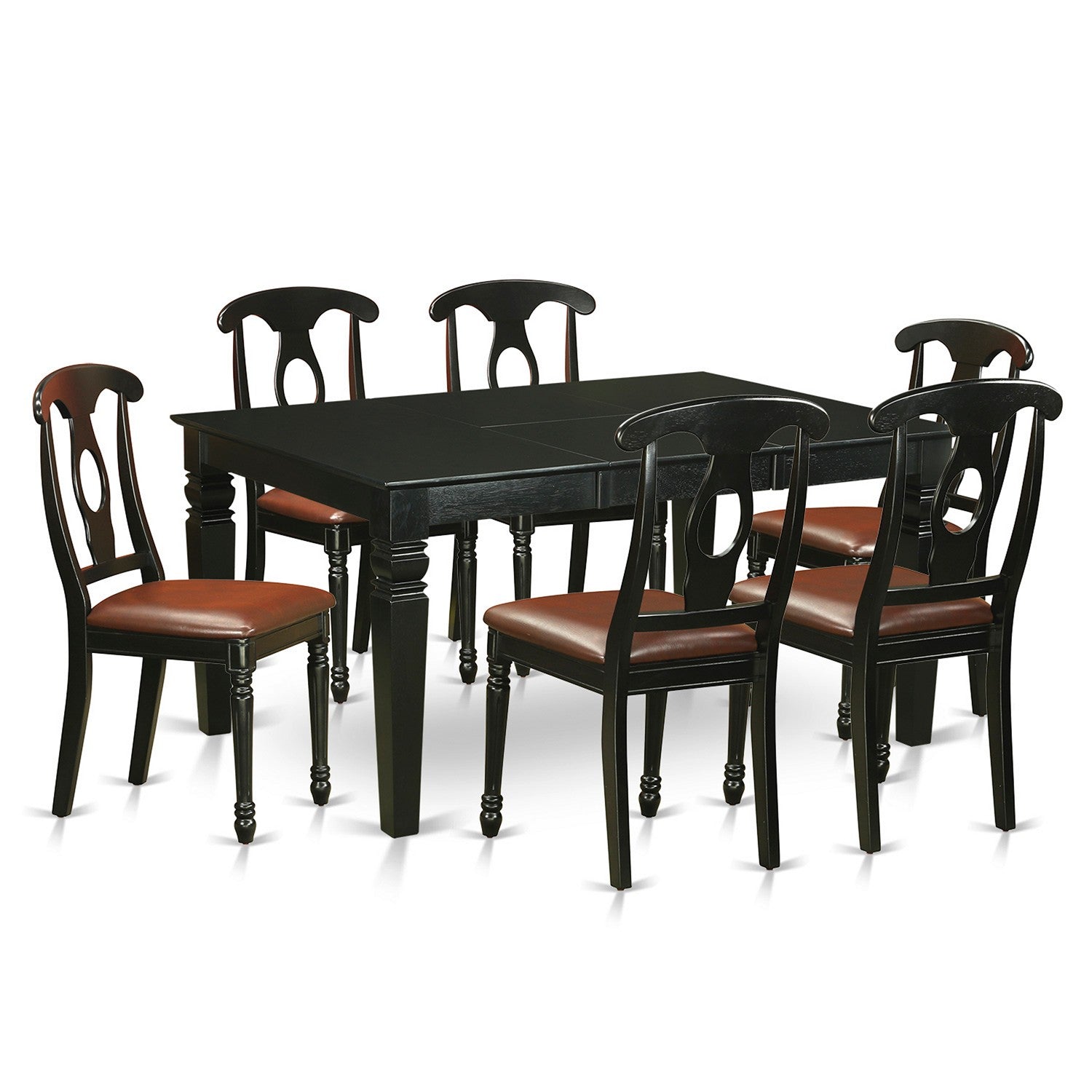 Juego de mesa de comedor de 7 piezas East West Furniture WEKE7-BLK-LC. Incluye una mesa de cocina rectangular con diseño de hojas de mariposa y 6 sillas tapizadas en piel sintética.