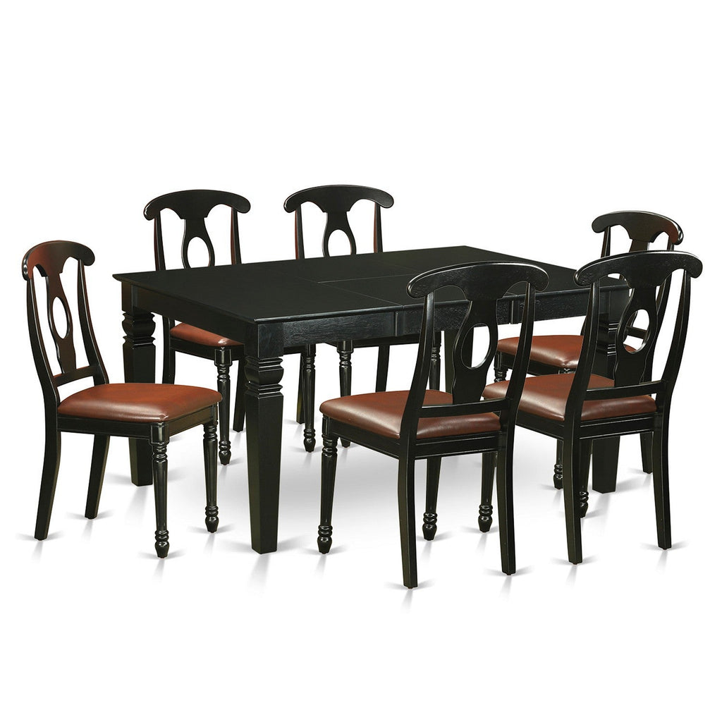 Juego de mesa de comedor de 7 piezas East West Furniture WEKE7-BLK-LC. Incluye una mesa de cocina rectangular con diseño de hojas de mariposa y 6 sillas tapizadas en piel sintética.