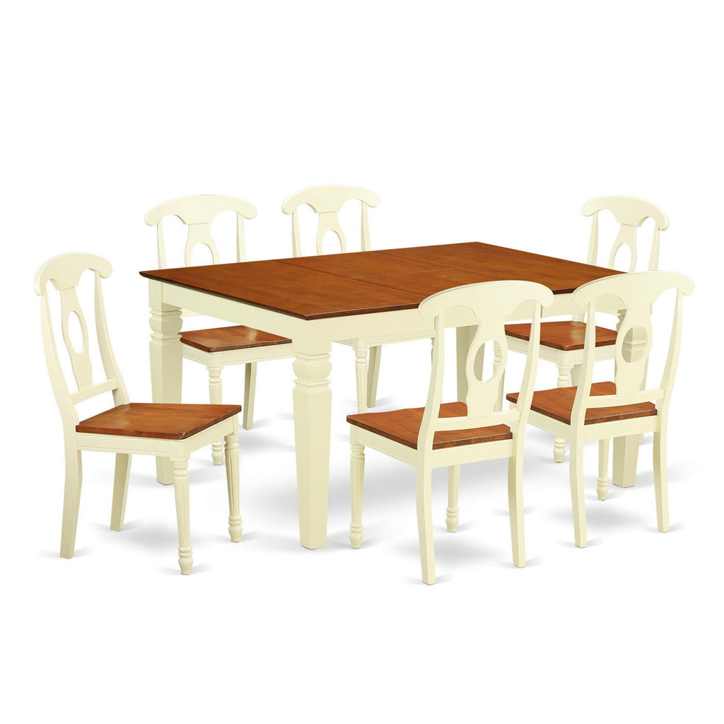 Juego de mesa de comedor de 7 piezas East West Furniture WEKE7-BMK-W compuesto por una mesa rectangular de madera con diseño de hojas de mariposa y 6 sillas de comedor de cocina.