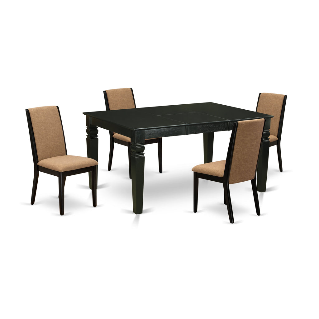 Juego de comedor de 5 piezas East West Furniture WELA5-BLK-47. Incluye una mesa de comedor rectangular con hojas de mariposa y 4 sillas tapizadas en tela de lino color sable claro.