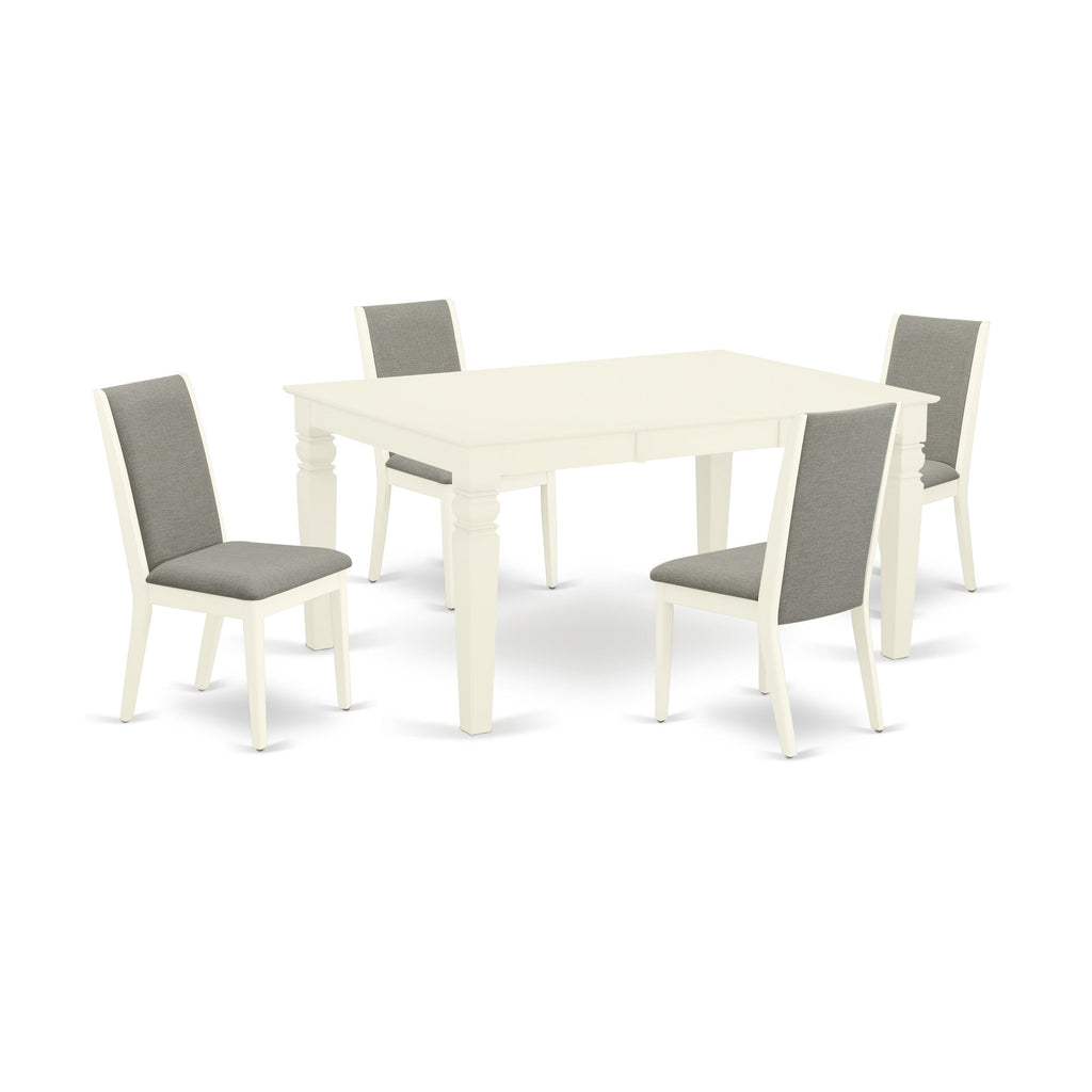 El juego de comedor de 5 piezas East West Furniture WELA5-WHI-06 incluye una mesa de comedor rectangular con diseño de hojas de mariposa y 4 sillas tapizadas en tela de lino Shitake.
