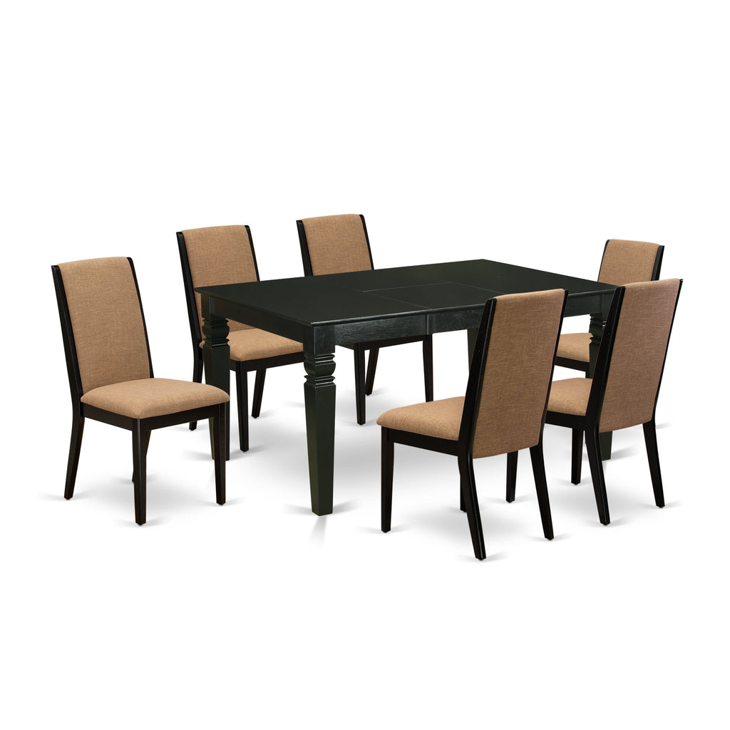 Juego de mesa de comedor East West Furniture WELA7-BLK-47 de 7 piezas compuesto por una mesa de cocina rectangular con hojas de mariposa y 6 sillas tapizadas en tela de lino color sable claro.