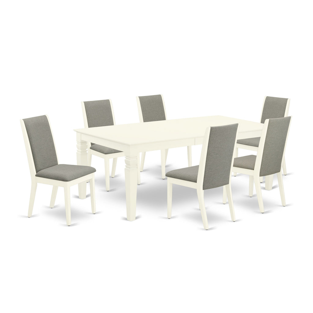 Juego de comedor de 7 piezas East West Furniture WELA7-WHI-06 compuesto por una mesa rectangular con diseño de hojas de mariposa y 6 sillas tapizadas en tela de lino shitake.