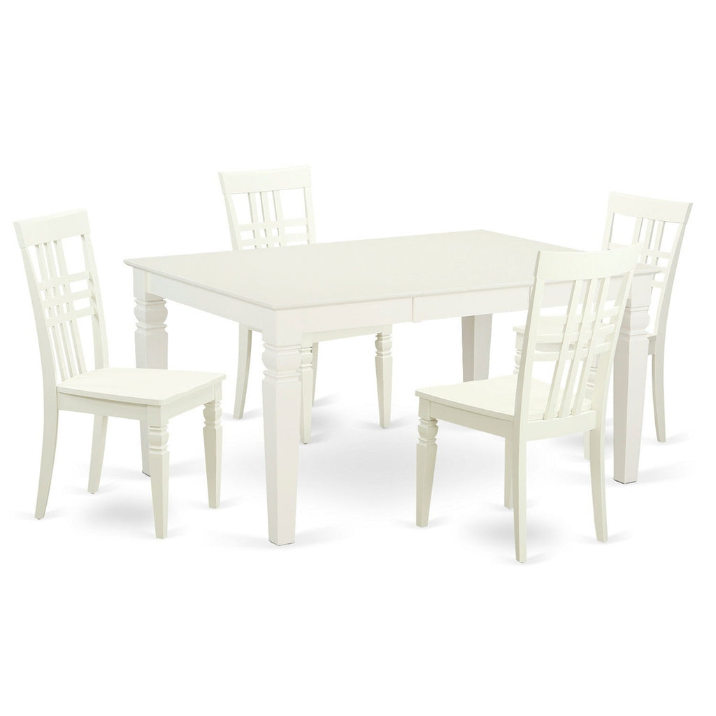 Juego de mesa de cocina de 5 piezas East West Furniture WELG5-LWH-W para 4 personas. Incluye una mesa de comedor rectangular con diseño de hojas de mariposa y 4 sillas de madera maciza.