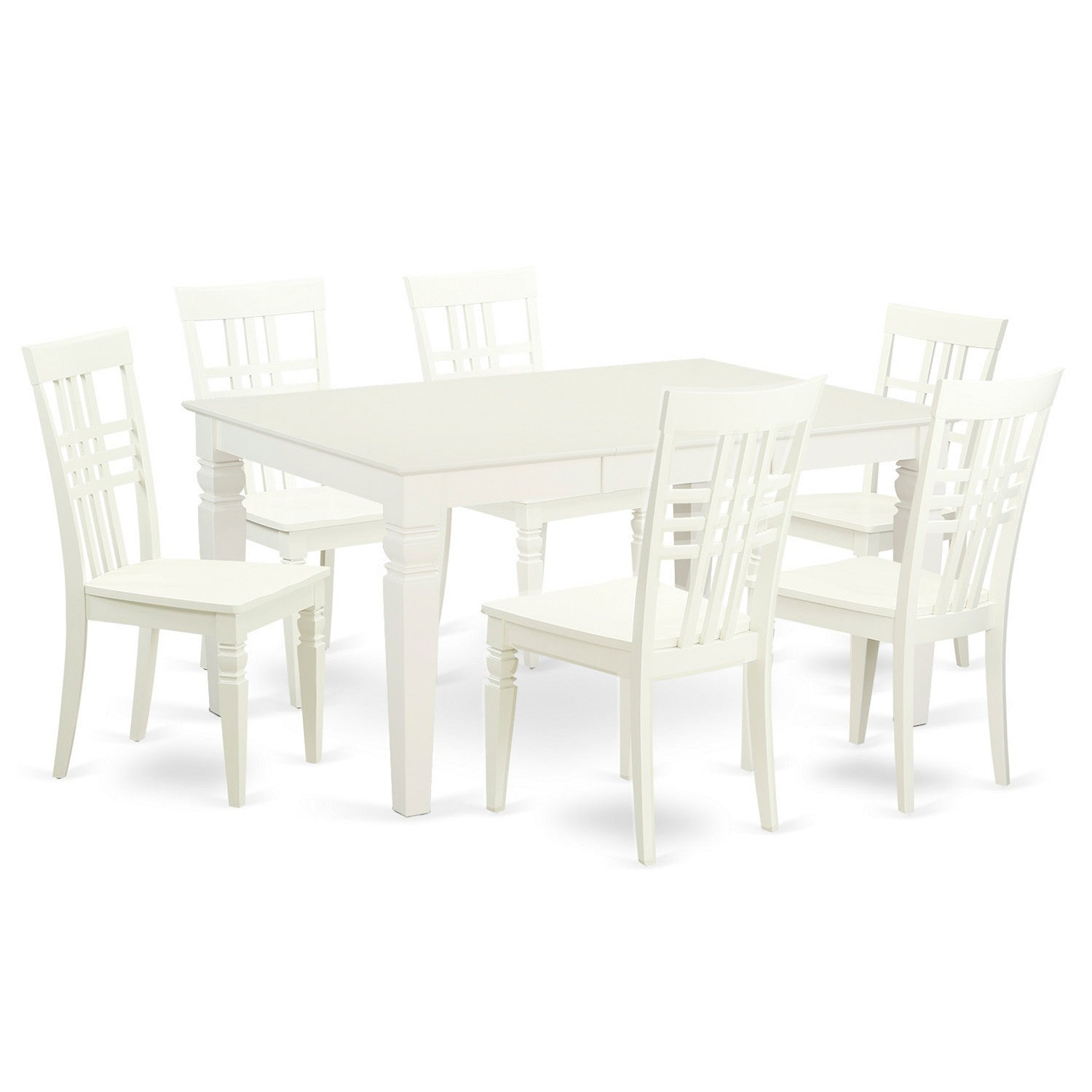 Juego de mesa y sillas de cocina East West Furniture WELG7-LWH-W de 7 piezas. Incluye una mesa de comedor rectangular con diseño de hojas de mariposa y 6 sillas de comedor.