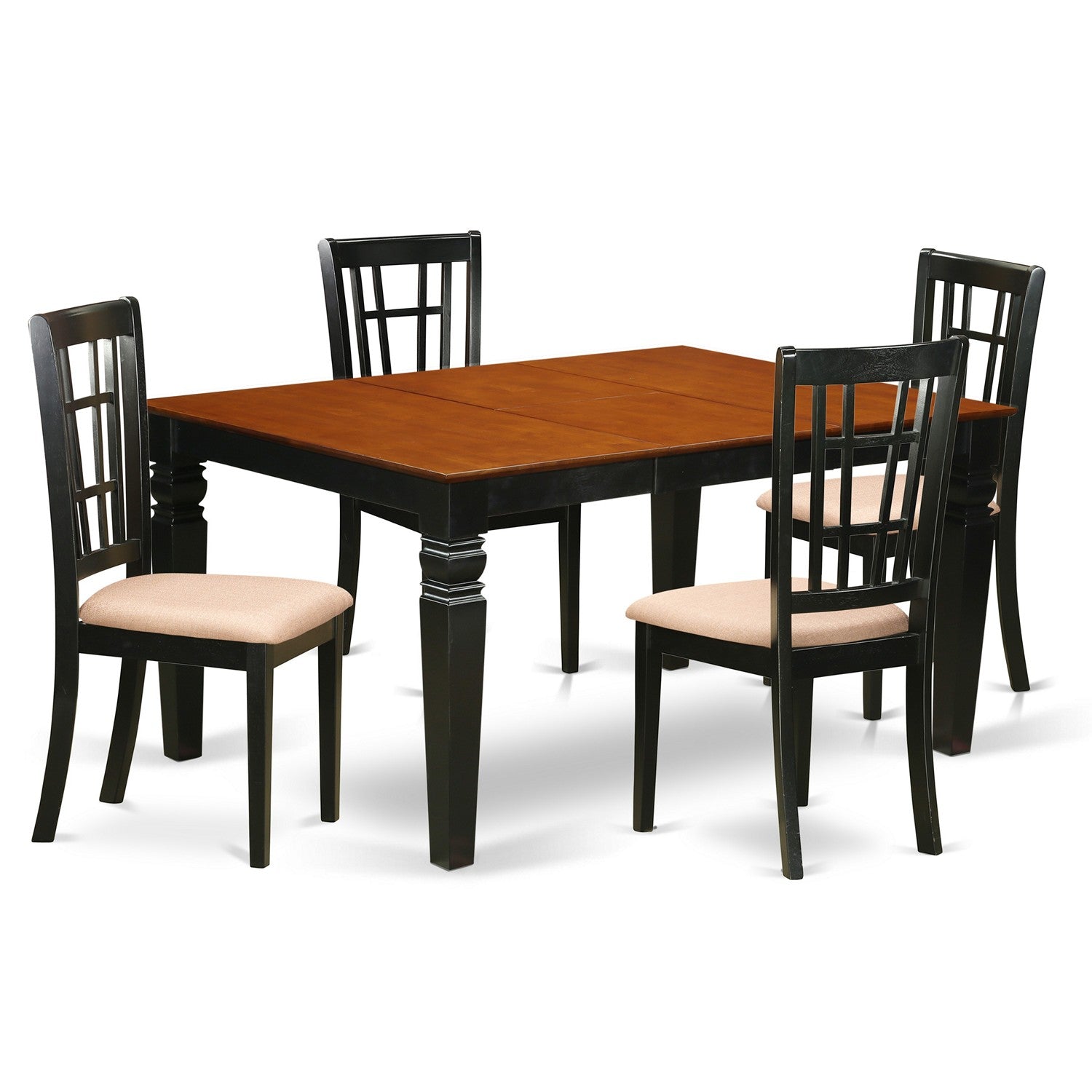El juego de comedor de 5 piezas WENI5-BCH-C de East West Furniture incluye una mesa de comedor rectangular con diseño de hojas de mariposa y 4 sillas de cocina tapizadas en tela de lino.