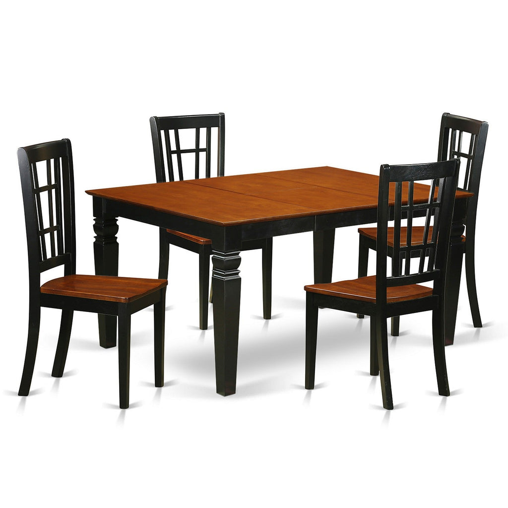 Juego de comedor de 5 piezas East West Furniture WENI5-BCH-W para 4 personas. Incluye una mesa de comedor rectangular con diseño de hojas de mariposa y 4 sillas de comedor.
