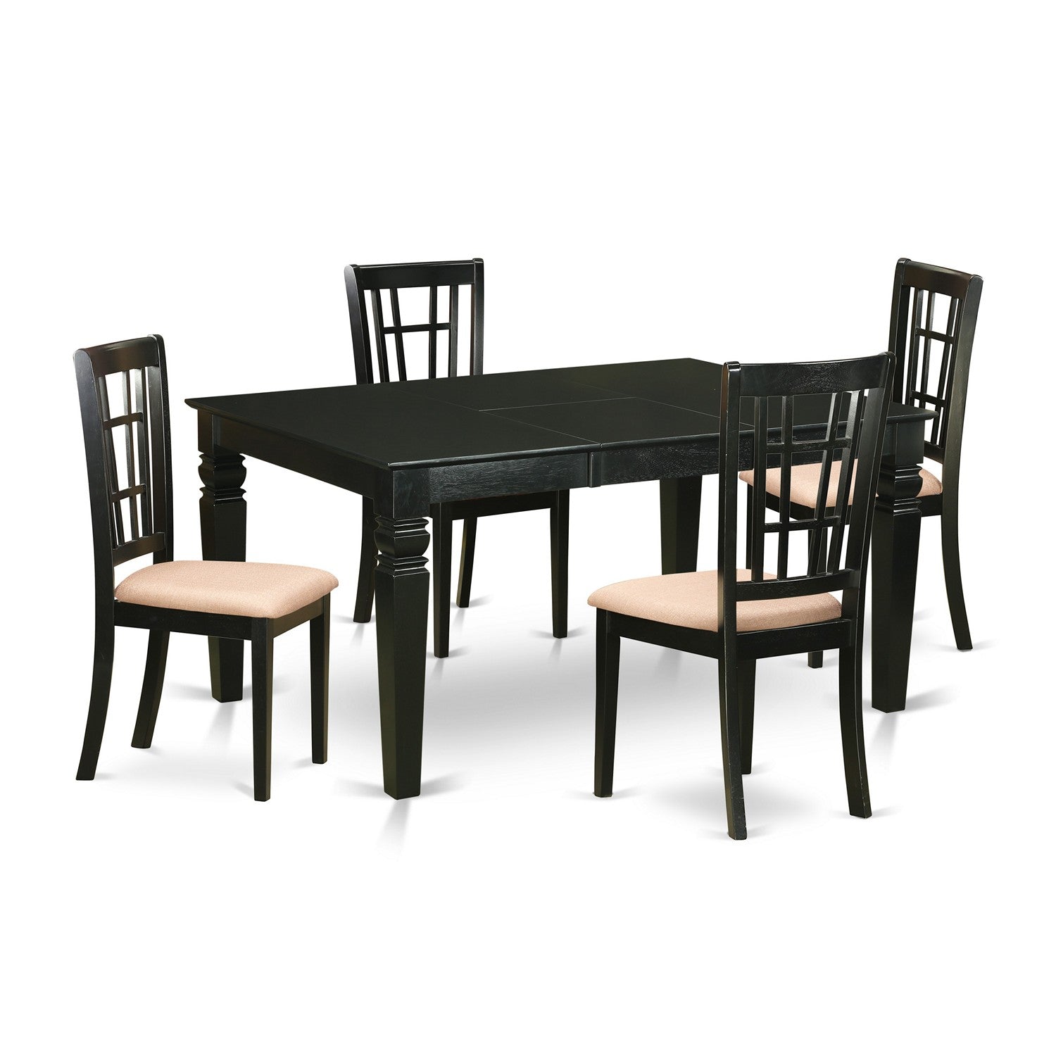 El juego de comedor de 5 piezas East West Furniture WENI5-BLK-C incluye una mesa de cocina rectangular con diseño de hojas de mariposa y 4 sillas tapizadas en tela de lino.
