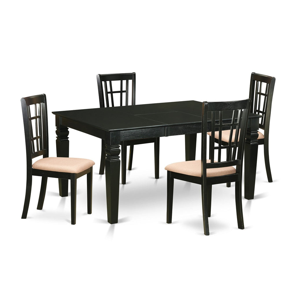 El juego de comedor de 5 piezas East West Furniture WENI5-BLK-C incluye una mesa de cocina rectangular con diseño de hojas de mariposa y 4 sillas tapizadas en tela de lino.