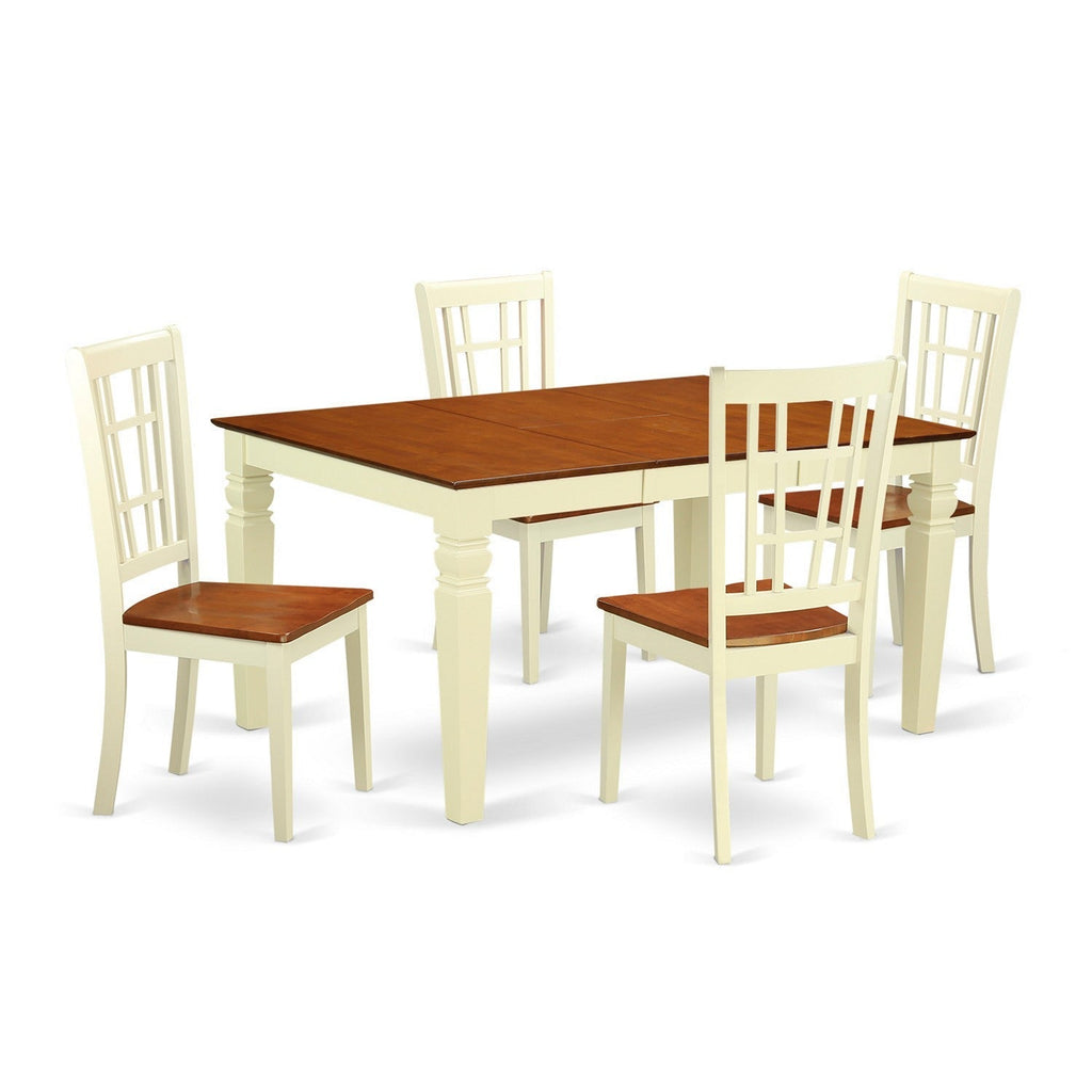 Juego de mesa de cocina de 5 piezas East West Furniture WENI5-BMK-W para 4 personas. Incluye una mesa de comedor rectangular con diseño de hojas de mariposa y 4 sillas de comedor.