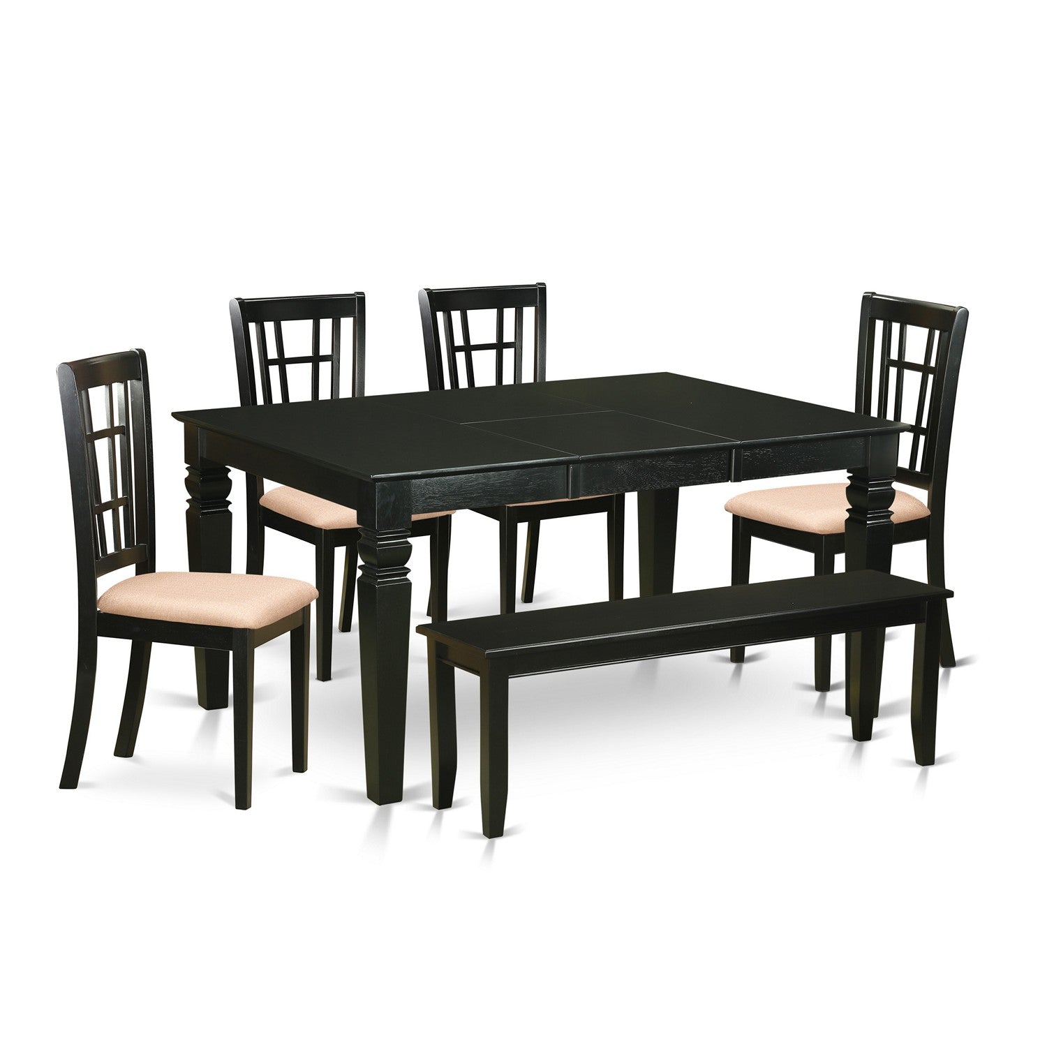 El juego de mesa de cocina de 6 piezas WENI6D-BLK-C de East West Furniture contiene una mesa de comedor rectangular con hojas de mariposa y 4 sillas de comedor de tela de lino con un banco.