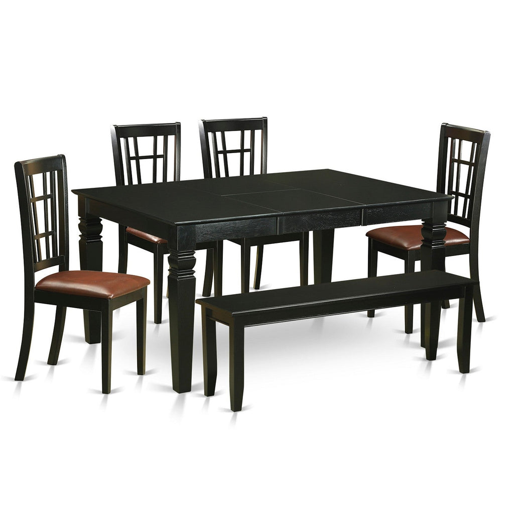 East West Furniture WENI6D-BLK-LC 6 Piece Dining Room Table Set Contains a Rectangle Kitchen Table with Butterfly Leaf and 4 Faux Leather Dining Chairs with a Bench
