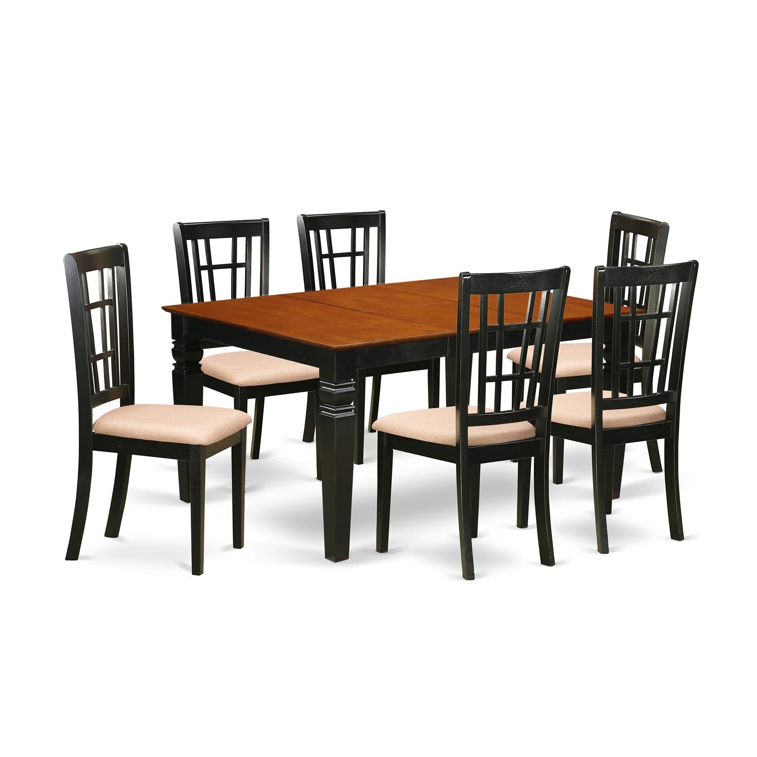 Juego de comedor de 7 piezas East West Furniture WENI7-BCH-C. Incluye una mesa de cocina rectangular con diseño de hojas de mariposa y 6 sillas tapizadas en tela de lino.
