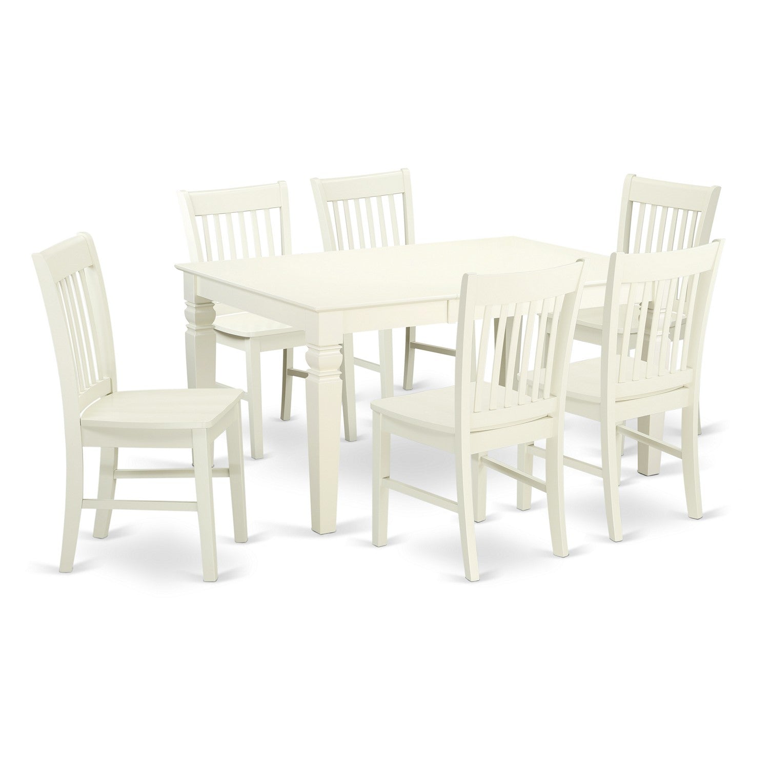 Juego de mesa de comedor East West Furniture WENO7-LWH-W de 7 piezas compuesto por una mesa rectangular de madera con hojas de mariposa y 6 sillas de comedor.