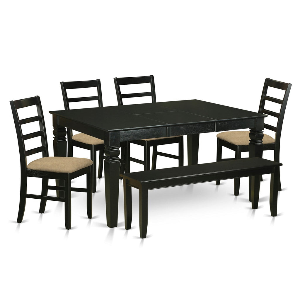 East West Furniture WEPF6D-BLK-C 6 Piece Dining Set Contains a Rectangle Dining Table with Butterfly Leaf and 4 Linen Fabric Upholstered Chairs with a Bench