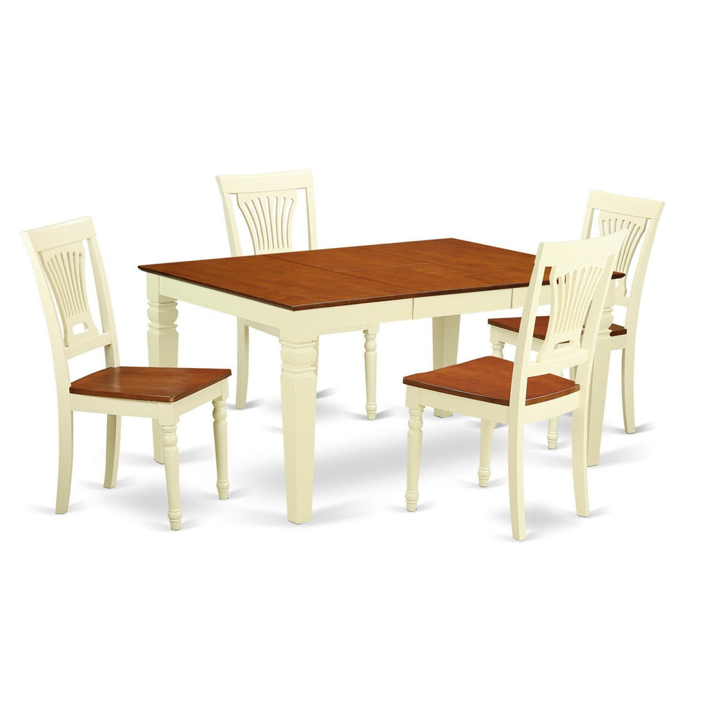 East West Furniture WEPL5-BMK-W 5 Piece Kitchen Table Set for 4 Includes a Rectangle Dining Room Table with Butterfly Leaf and 4 Solid Wood Seat Chairs