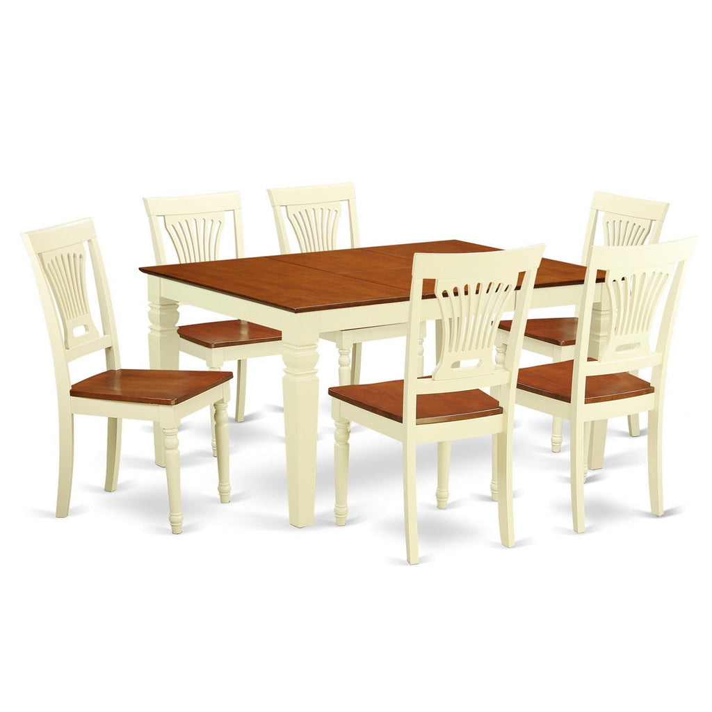 East West Furniture WEPL7-BMK-W 7 Piece Dining Table Set Consist of a Rectangle Dinner Table with Butterfly Leaf and 6 Dining Room Chairs, 42x60 Inch, Buttermilk & Cherry