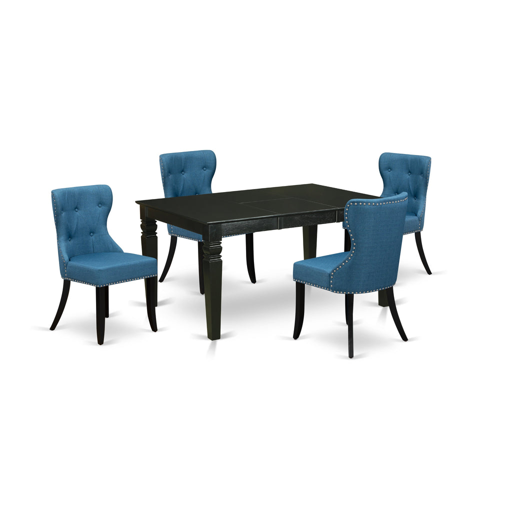East West Furniture WESI5-BLK-21 5 Piece Dining Room Furniture Set Includes a Rectangle Wooden Table with Butterfly Leaf and 4 Blue Linen Fabric Parson Dining Chairs