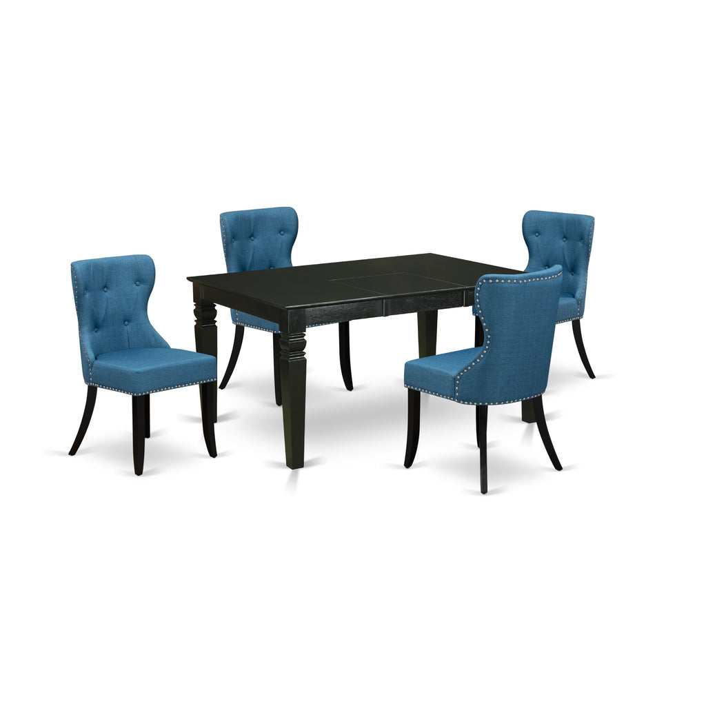 East West Furniture WESI5-BLK-21 5 Piece Dining Room Furniture Set Includes a Rectangle Wooden Table with Butterfly Leaf and 4 Blue Linen Fabric Parson Dining Chairs, 42x60 Inch, Black