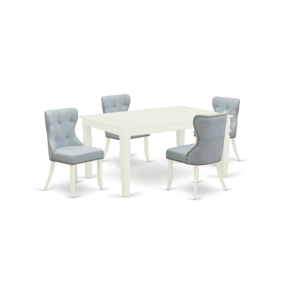 East West Furniture WESI5-WHI-15 5 Piece Dining Room Table Set Includes a Rectangle Wooden Table with Butterfly Leaf and 4 Baby Blue Linen Fabric Upholstered Chairs