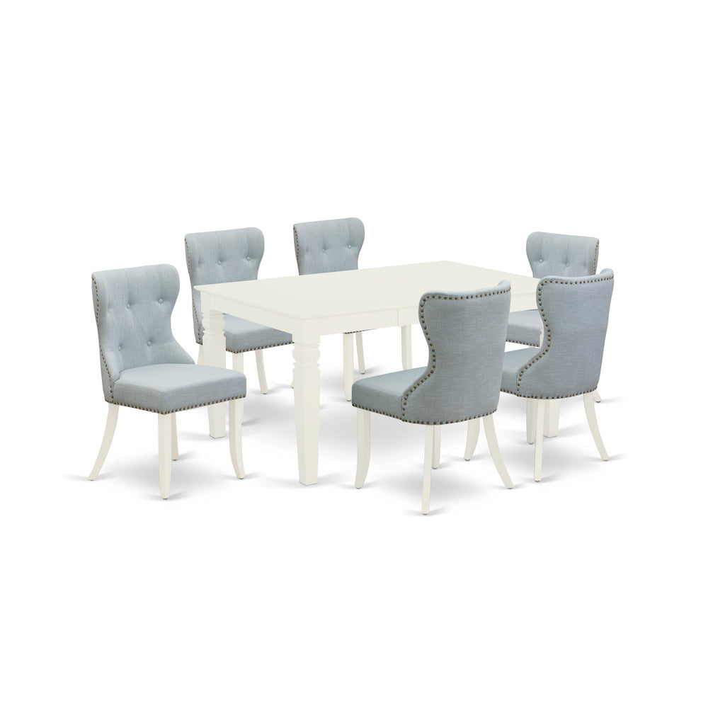 East West Furniture WESI7-WHI-15 7 Piece Dinette Set Consist of a Rectangle Dining Room Table with Butterfly Leaf and 6 Baby Blue Linen Fabric Upholstered Chairs