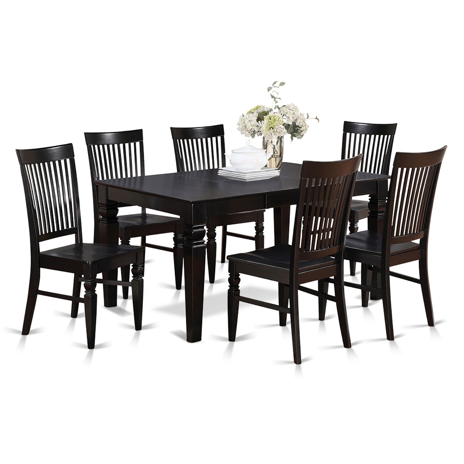 Juego de mesa de comedor East West Furniture WEST7-BLK-W de 7 piezas compuesto por una mesa de cocina rectangular con diseño de hojas de mariposa y 6 sillas de comedor.