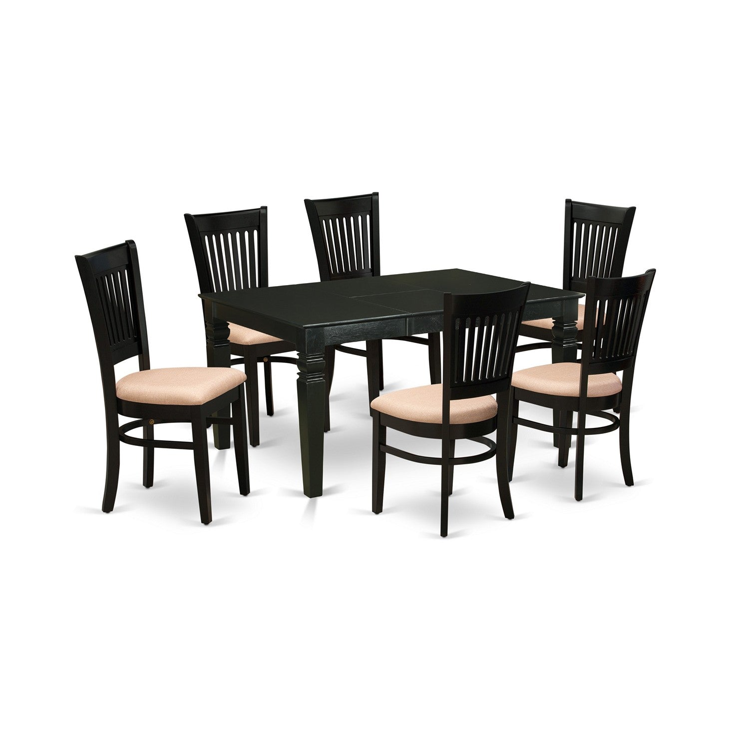 Juego de mesa de comedor East West Furniture WEVA7-BLK-C de 7 piezas compuesto por una mesa de cocina rectangular con diseño de hojas de mariposa y 6 sillas tapizadas en tela de lino.