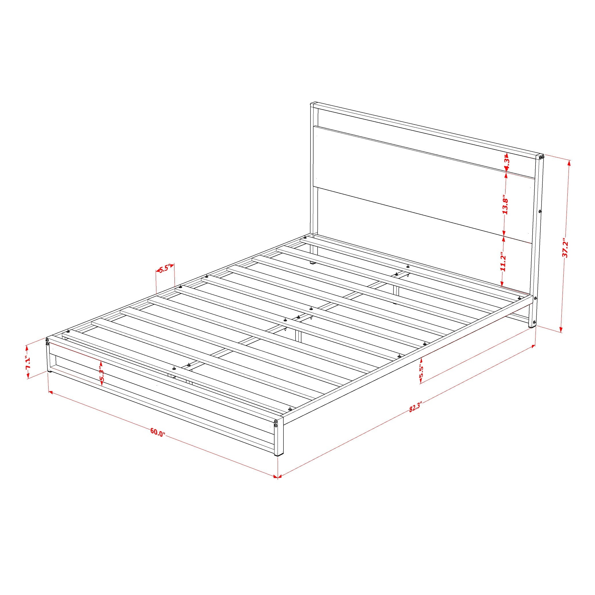 East West Furniture WIQBB03 Wilson Queen Frame with 3 Supporting Legs - High-class Bed Frame in Powder Coating Black Color and Wea Thered Wood Laminate