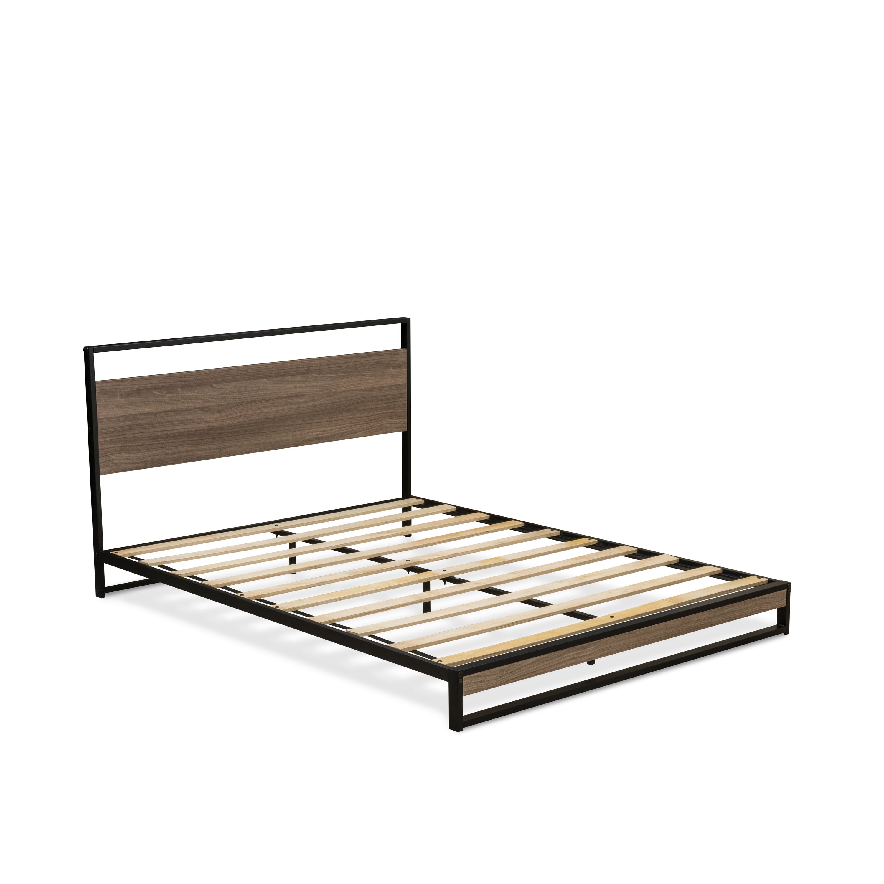 East West Furniture WIQBB03 Wilson Queen Frame with 3 Supporting Legs - High-class Bed Frame in Powder Coating Black Color and Wea Thered Wood Laminate