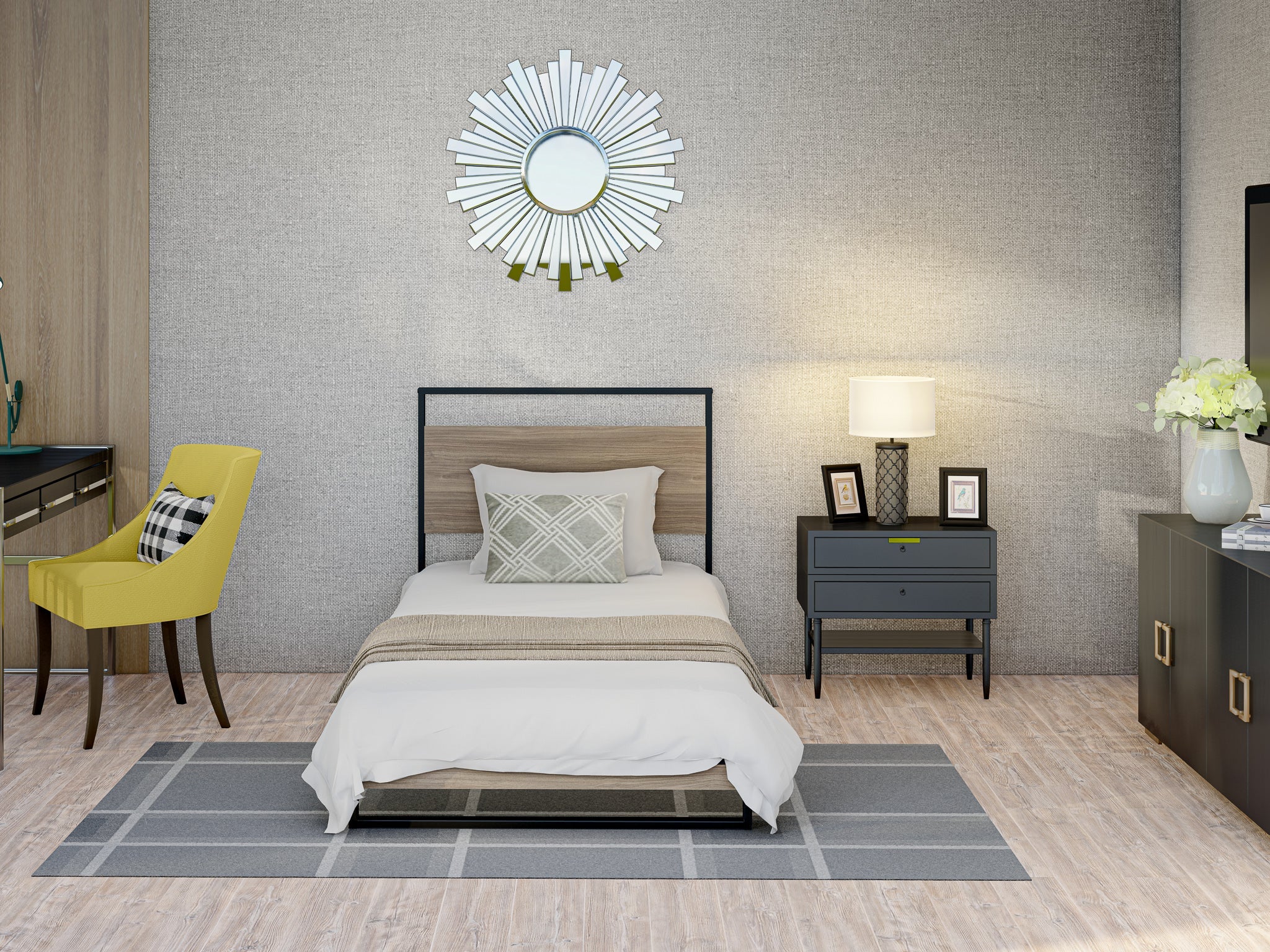 East West Furniture WITBB03 Wilson metal platform bed with 4 Metal Legs - Lavish Bed in Powder Coating Black Color and Wea Thered Wood Laminate
