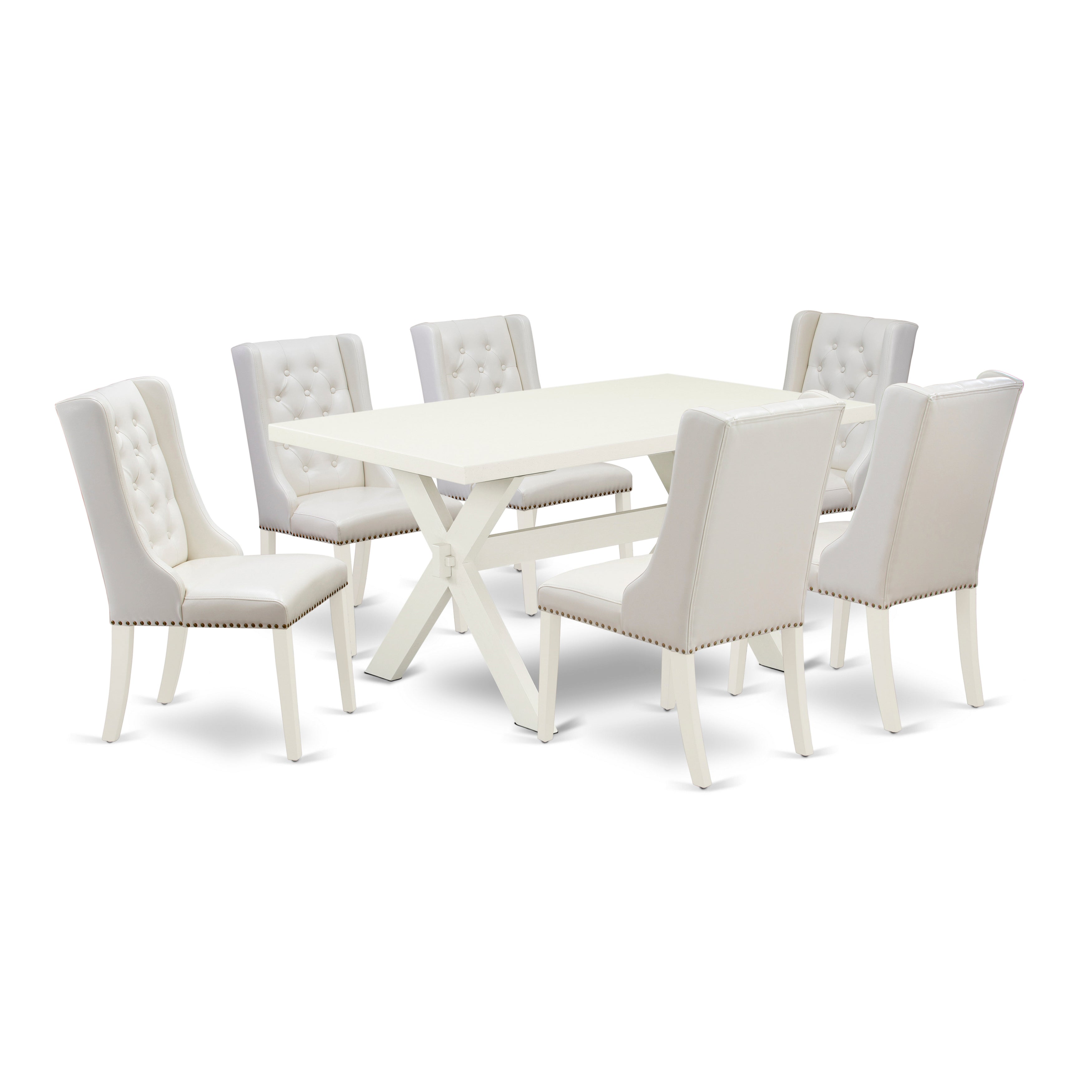 Juego de mesa de comedor de 7 piezas East West Furniture X026FO244-7 compuesto por una mesa de comedor rectangular con patas en forma de X y 6 sillas Parsons de cuero sintético gris claro.