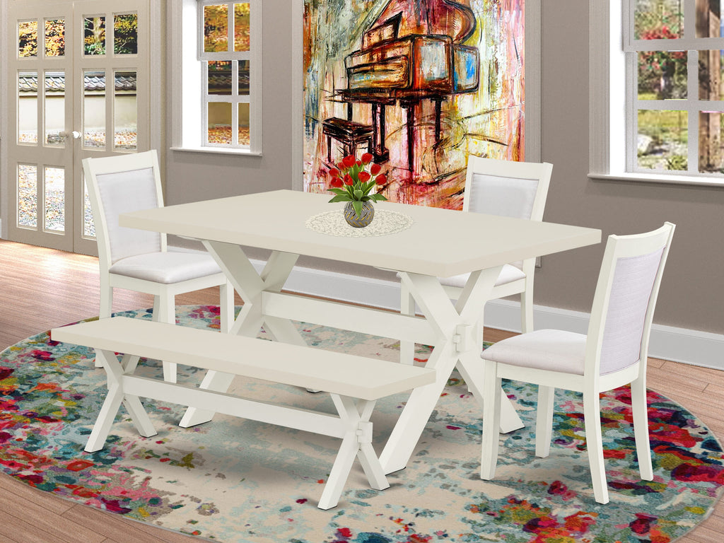 East West Furniture X026MZ001-6 6 Piece Dining Room Table Set Contains a Rectangle Dining Table with X-Legs and 4 Cream Linen Fabric Parson Chairs with a Bench, 36x60 Inch, Multi-Color