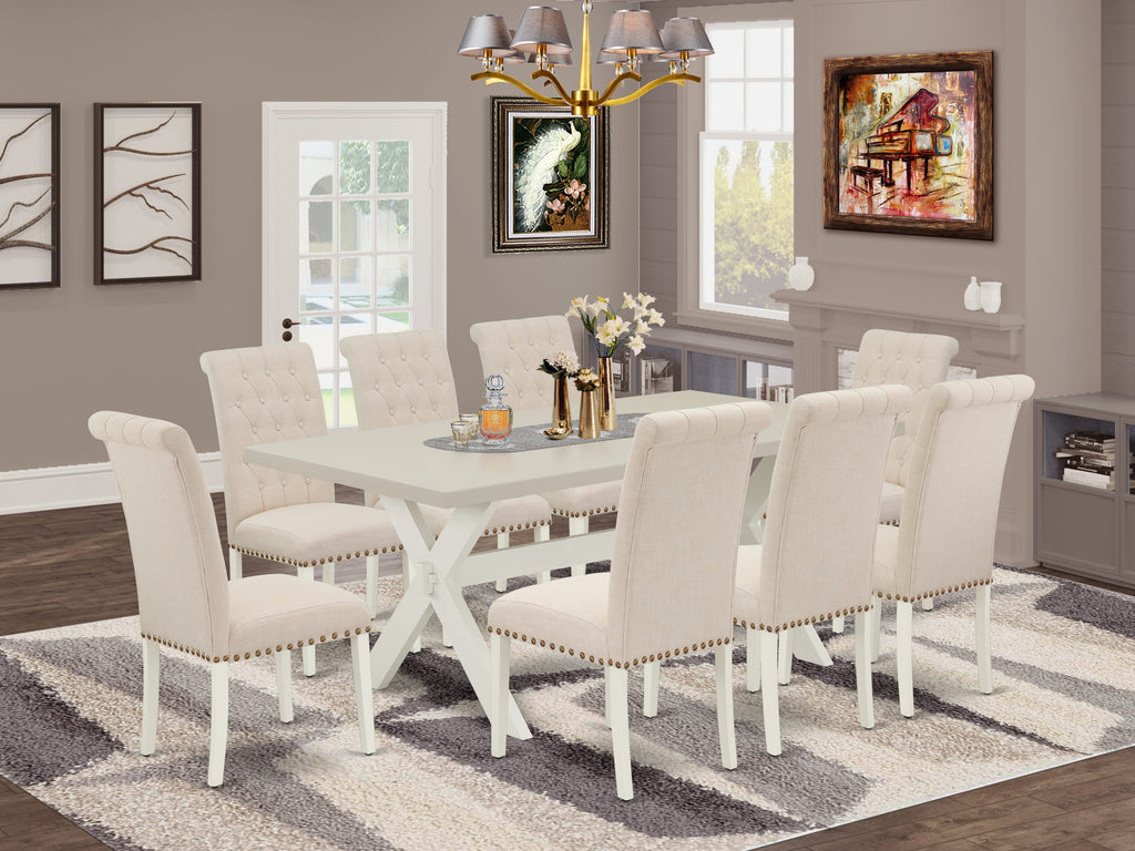 East West Furniture X027BR202-9 9 Piece Dining Room Furniture Set Includes a Rectangle Dining Table with X-Legs and 8 Light Beige Linen Fabric Upholstered Chairs, 40x72 Inch, Multi-Color