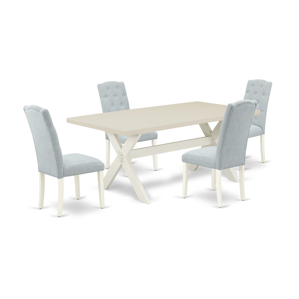 East West Furniture X027CE215-5 5 Piece Modern Dining Table Set Includes a Rectangle Wooden Table with X-Legs and 4 Baby Blue Linen Fabric Upholstered Chairs, 40x72 Inch, Multi-Color