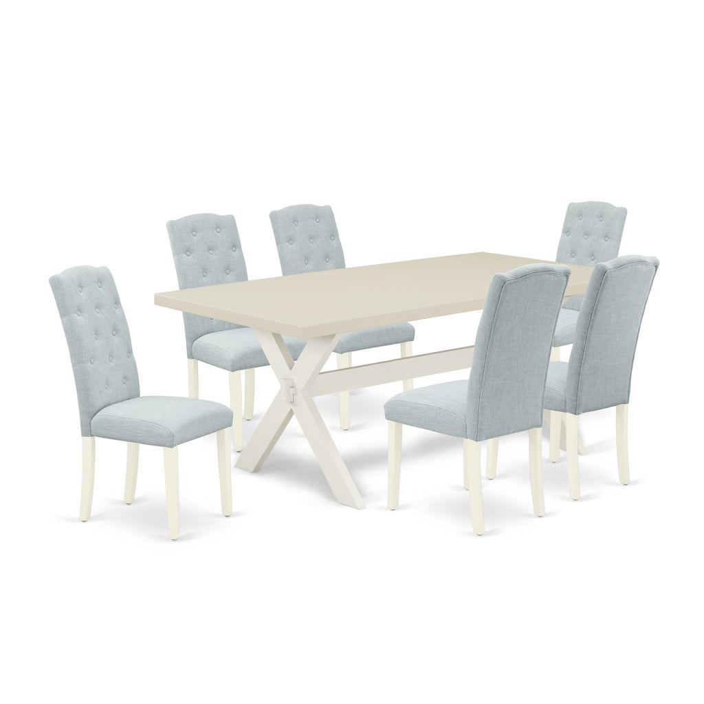 East West Furniture X027CE215-7 7 Piece Dining Room Table Set Consist of a Rectangle Kitchen Table with X-Legs and 6 Baby Blue Linen Fabric Parson Dining Chairs, 40x72 Inch, Multi-Color