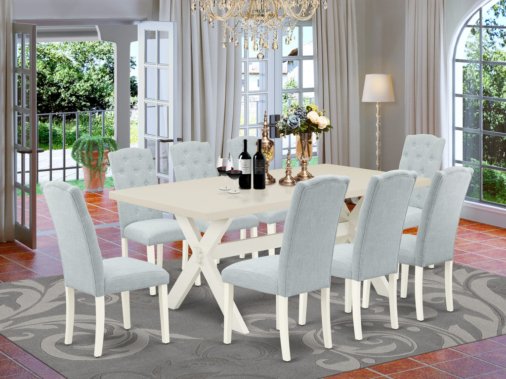 East West Furniture X027CE215-9 9 Piece Dining Table Set Includes a Rectangle Dining Room Table with X-Legs and 8 Baby Blue Linen Fabric Upholstered Parson Chairs, 40x72 Inch, Multi-Color