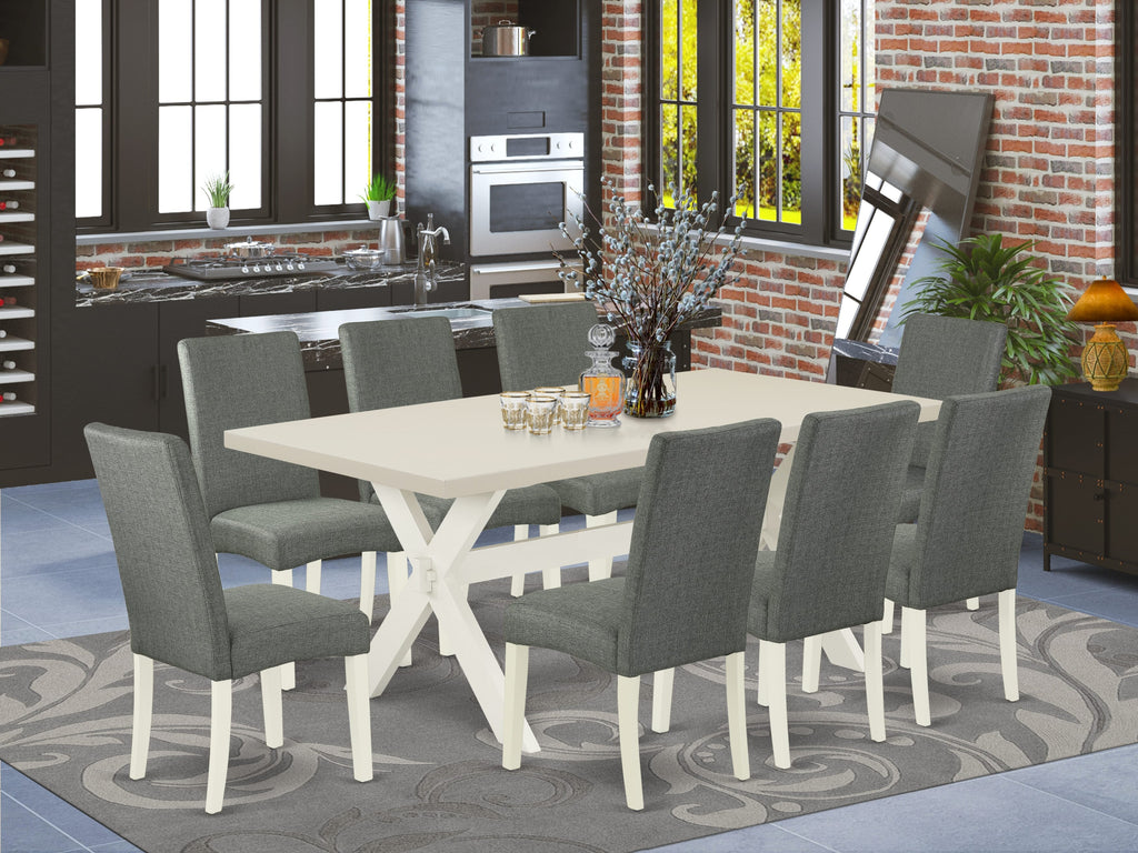 East West Furniture X027DR207-9 9 Piece Dining Set Includes a Rectangle Dining Room Table with X-Legs and 8 Gray Linen Fabric Upholstered Parson Chairs, 40x72 Inch, Multi-Color