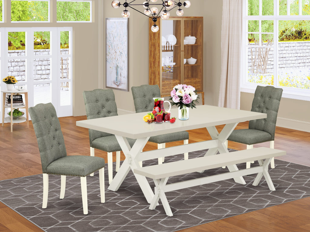 East West Furniture X027EL207-6 6 Piece Dining Set Contains a Rectangle Dining Room Table with X-Legs and 4 Gray Linen Fabric Parson Chairs with a Bench, 40x72 Inch, Multi-Color