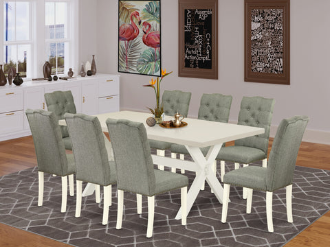 East West Furniture X027EL207-9 9 Piece Kitchen Table & Chairs Set Includes a Rectangle Dining Room Table with X-Legs and 8 Gray Linen Fabric Parson Dining Chairs, 40x72 Inch, Multi-Color
