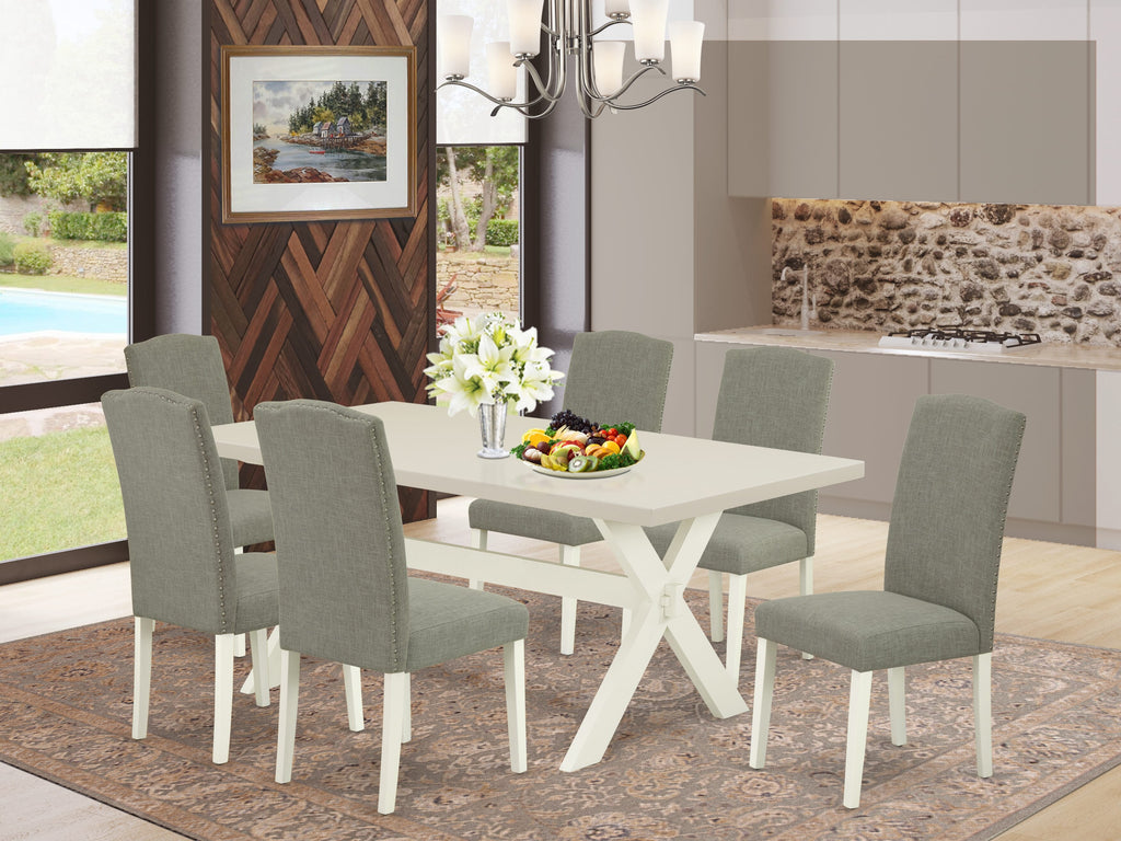 East West Furniture X027EN206-7 7 Piece Dining Room Furniture Set Consist of a Rectangle Dining Table with X-Legs and 6 Dark Shitake Linen Fabric Parsons Chairs, 40x72 Inch, Multi-Color